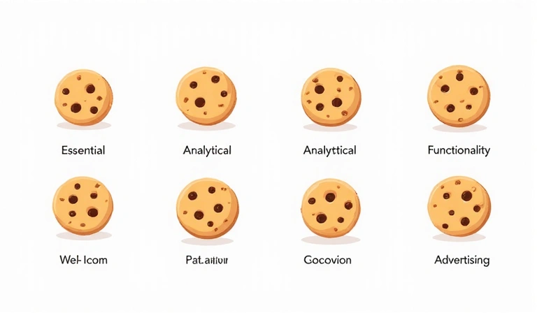 Variedad de íconos de cookies que representan diferentes tipos de cookies web con etiquetas como 'Esenciales', 'Analíticas', 'Funcionalidad' y 'Publicidad'.
