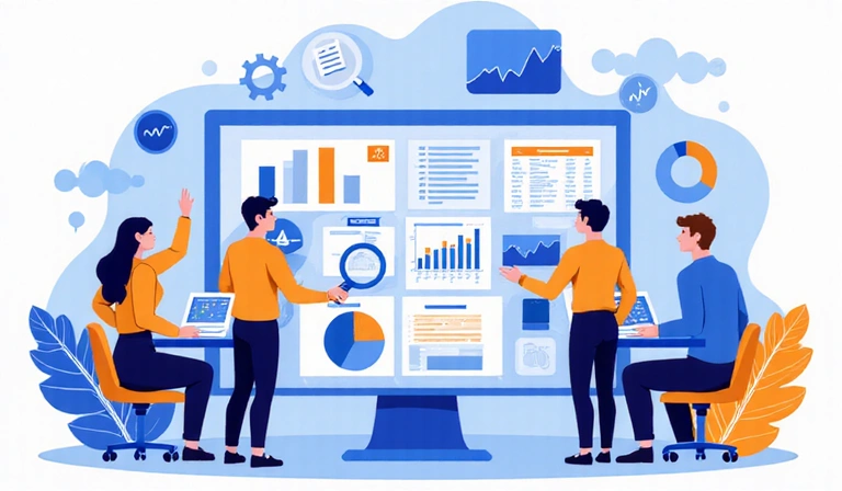 Ilustración de un equipo trabajando con datos, analizando gráficos y mejorando servicios.